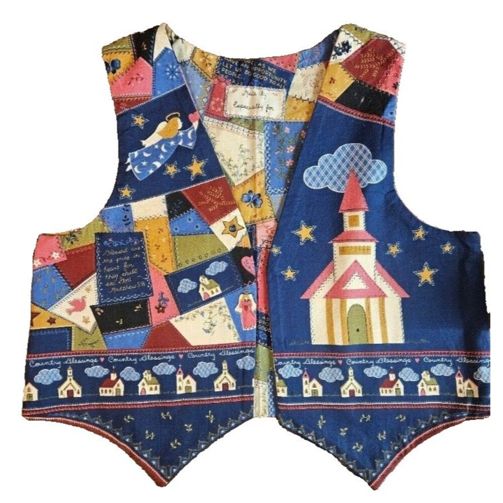 Hand-sewn Navy Blue Vest Matthew 5:8 Fabric Panel Women's Size S/M